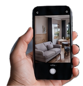 Hand hält ein Smartphone mit einem Foto von Sofa und Wohnzimmer