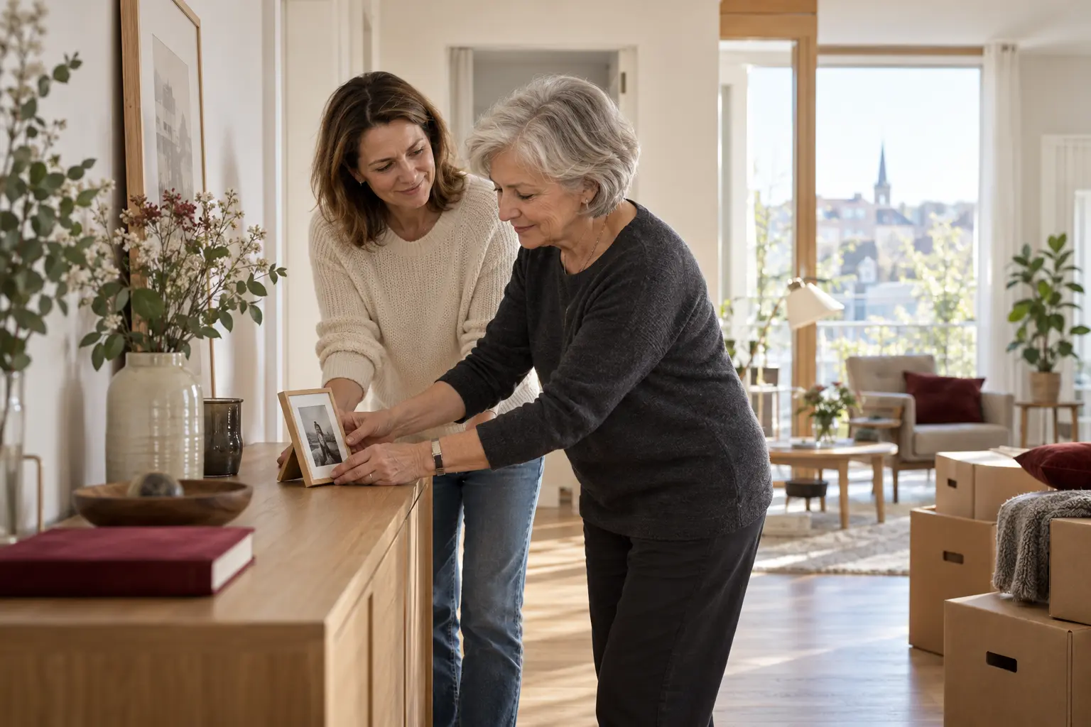 Eine ältere Frau und ihre Tochter stellen ein Erinnerungsfoto im neuen Zuhause auf.